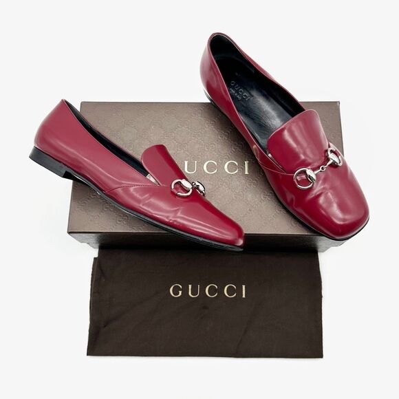 GUCCI Kira Horsebit Red Loafer Size 38.5 Glossy Patent Leather Slip On Flats - Picture 2 of 12